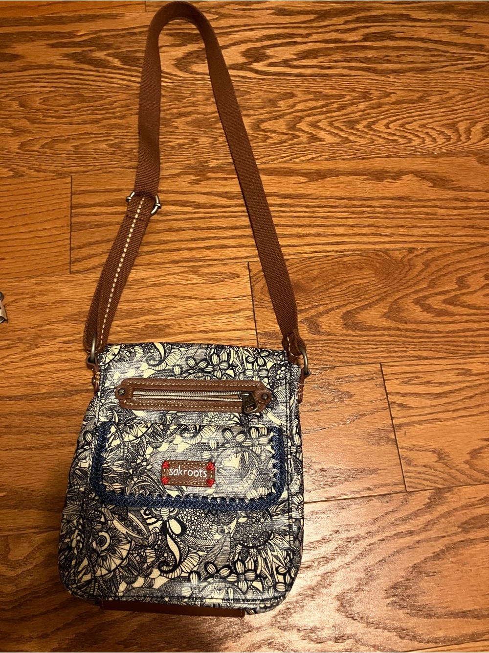 Sakroots Navy Floral Crossbody with Brown Adjustable Strap